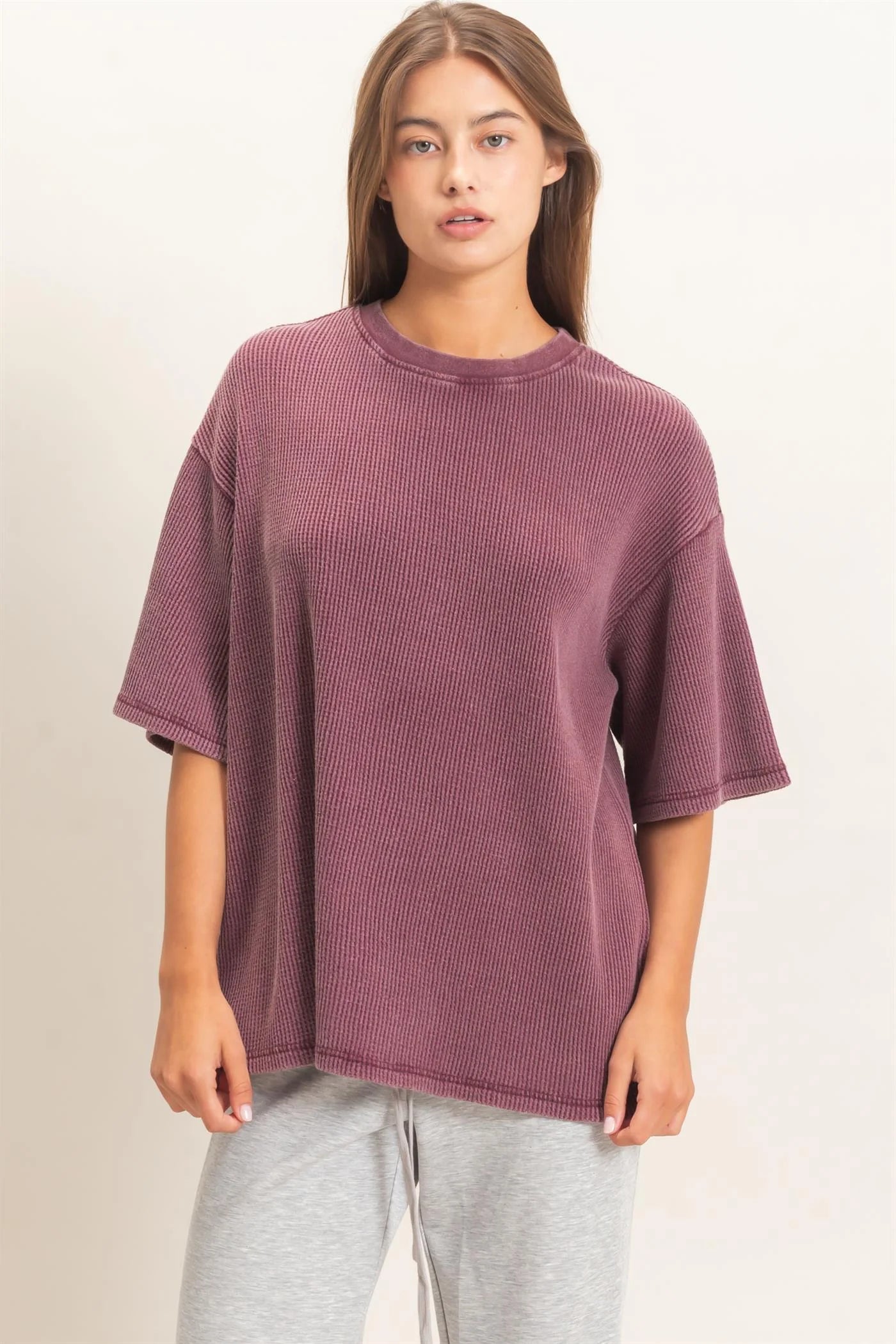 Mineral Wash Waffle Crew Neck Top by Double Zero | Short Sleeve Boutique Tee