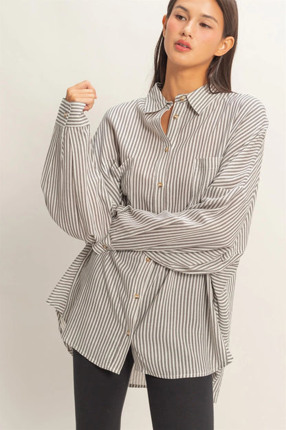 Pinstripe & Poise Oversized Striped Button-Up Shirt with Pockets