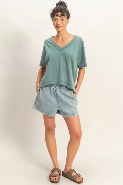 Washed Away Oversized V Neck Tee – Acid Wash Raw Edge Cotton Top
