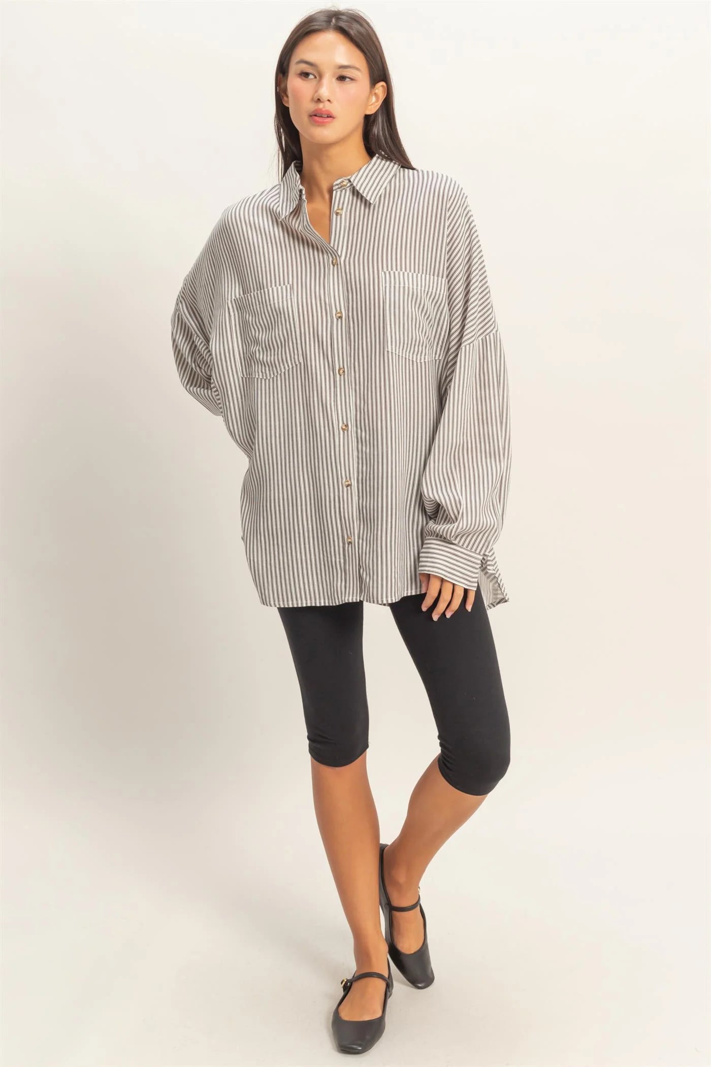 Pinstripe & Poise Oversized Striped Button-Up Shirt with Pockets