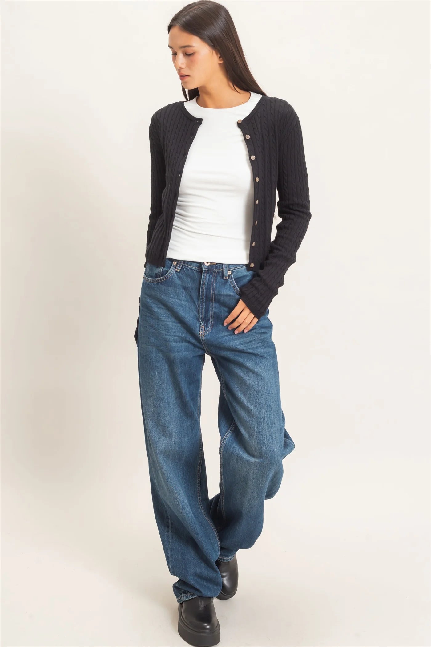 Cable Knit Cardigan by Double Zero | Button Front Fitted Sweater Cardigan