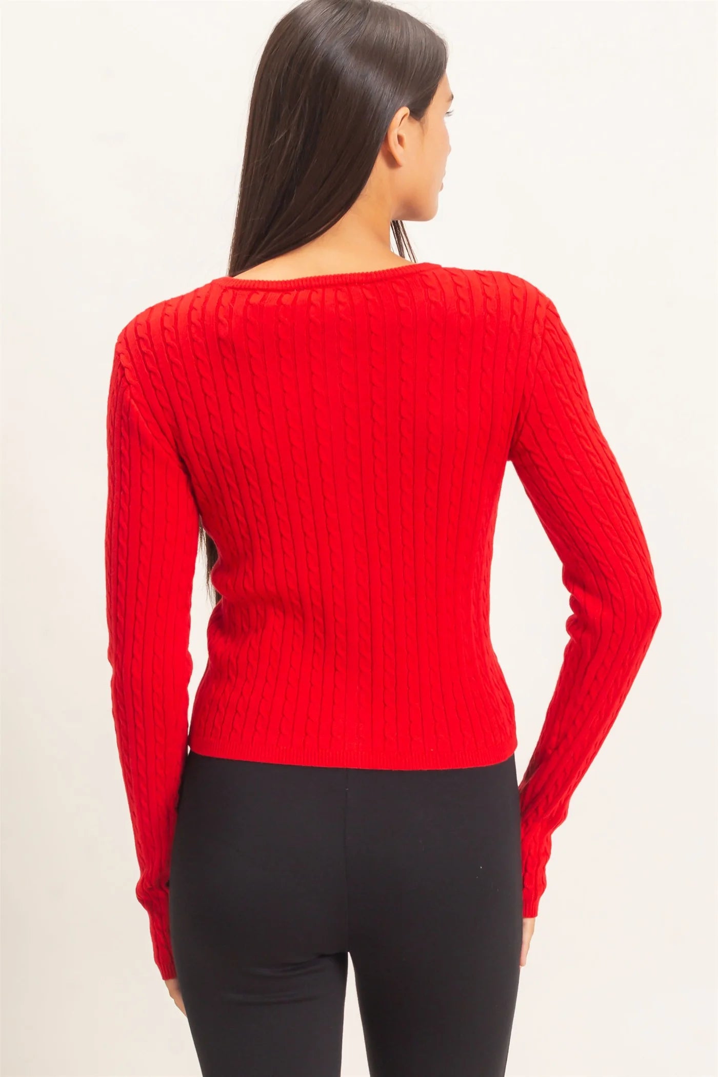 Cable Knit Cardigan by Double Zero | Button Front Fitted Sweater Cardigan