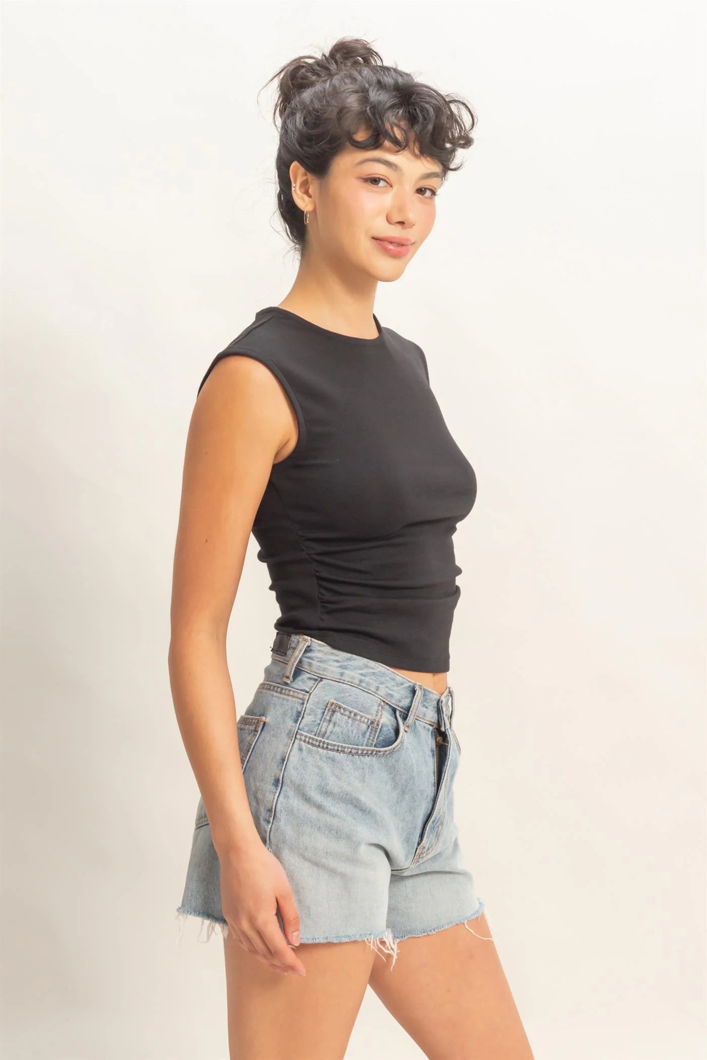 Ruched Waist Cap Sleeve Knit Top – Fitted Side Ruched Stretch Cotton Tank