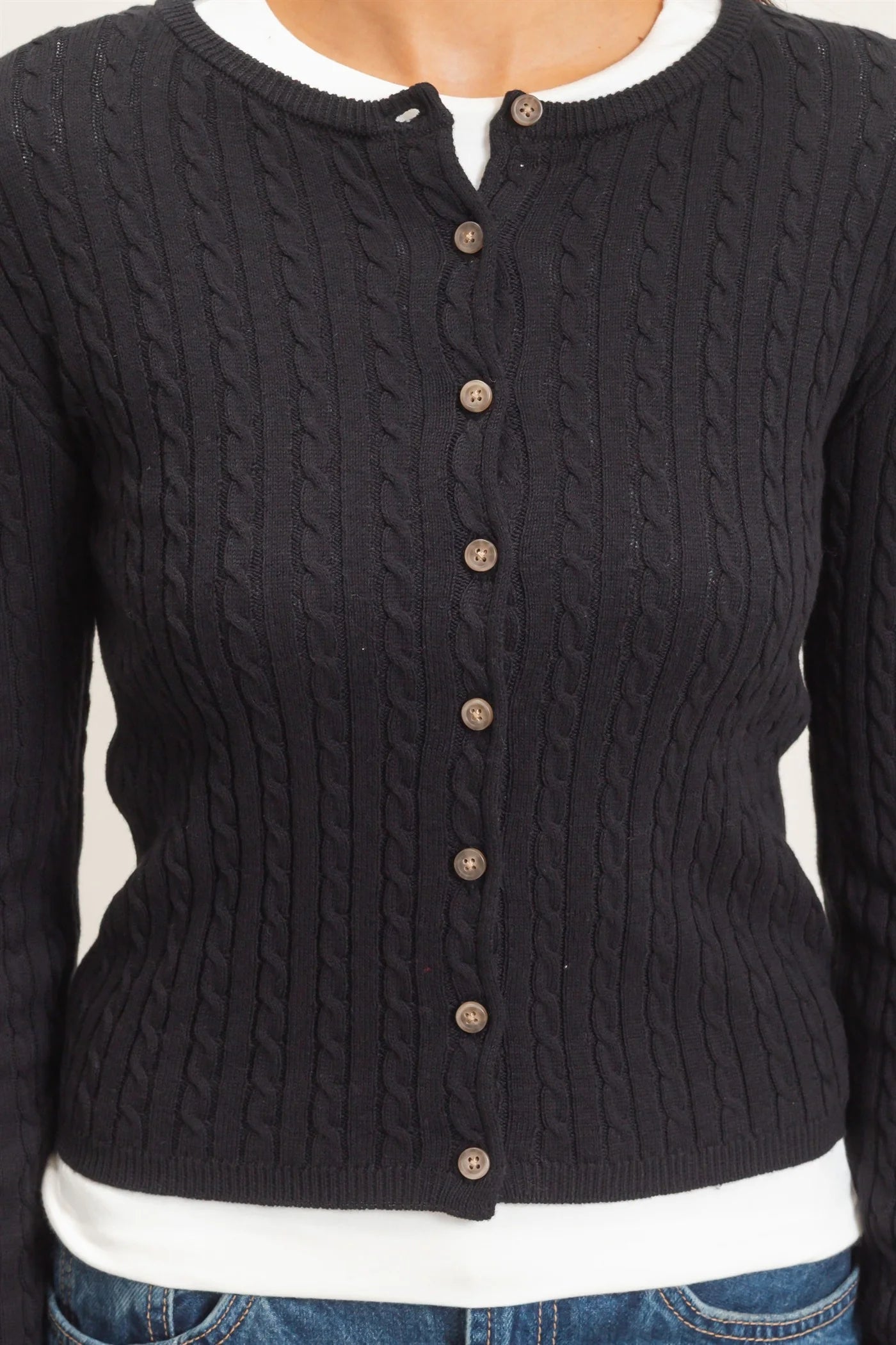 Cable Knit Cardigan by Double Zero | Button Front Fitted Sweater Cardigan