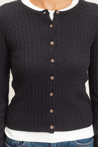Cable Knit Cardigan by Double Zero | Button Front Fitted Sweater Cardigan