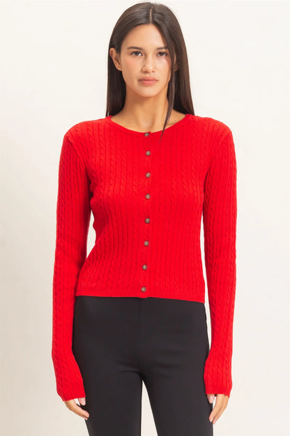 Cable Knit Cardigan by Double Zero | Button Front Fitted Sweater Cardigan