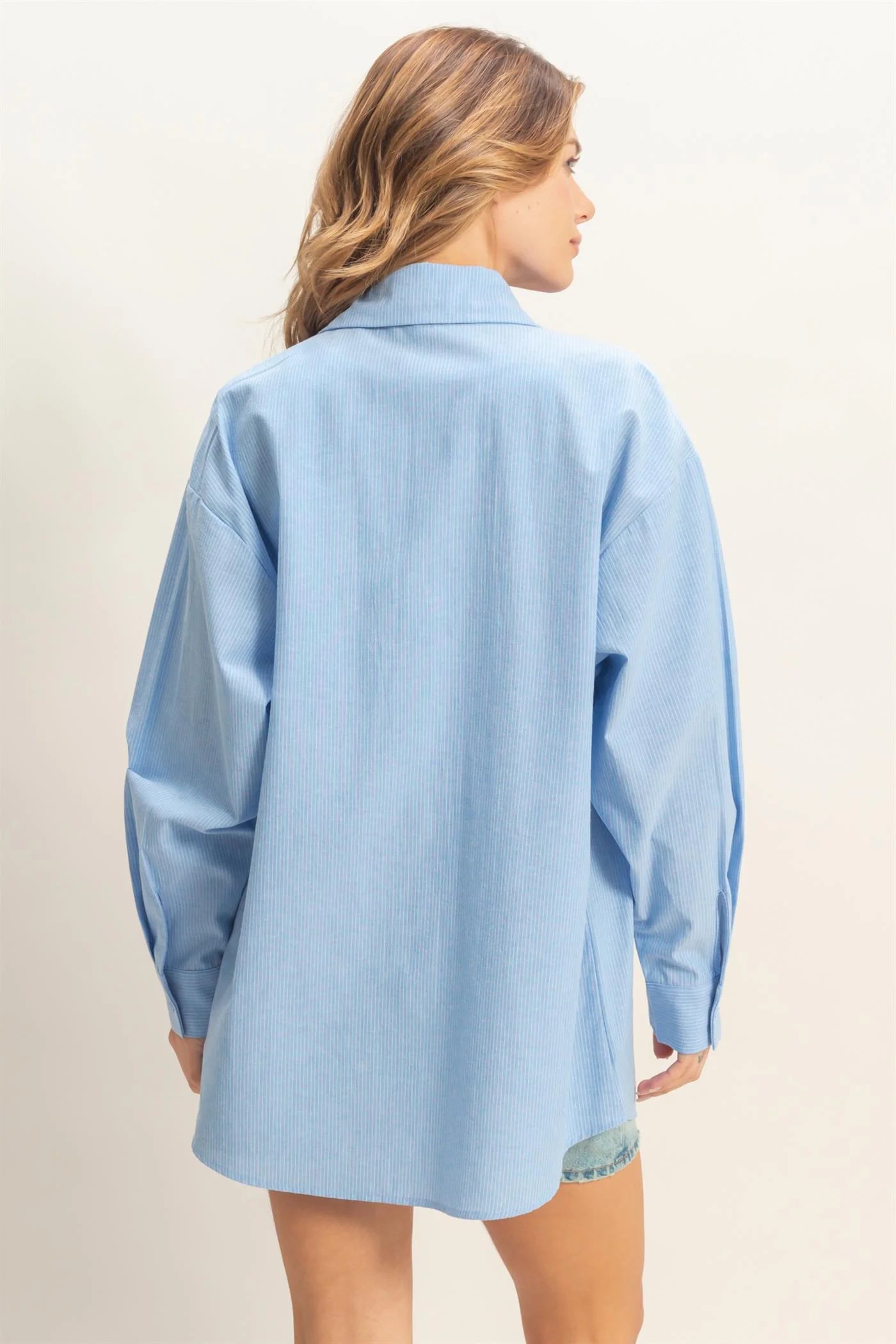 Blue Skies Oversized Button Up Shirt – Relaxed Pocket Front Blouse