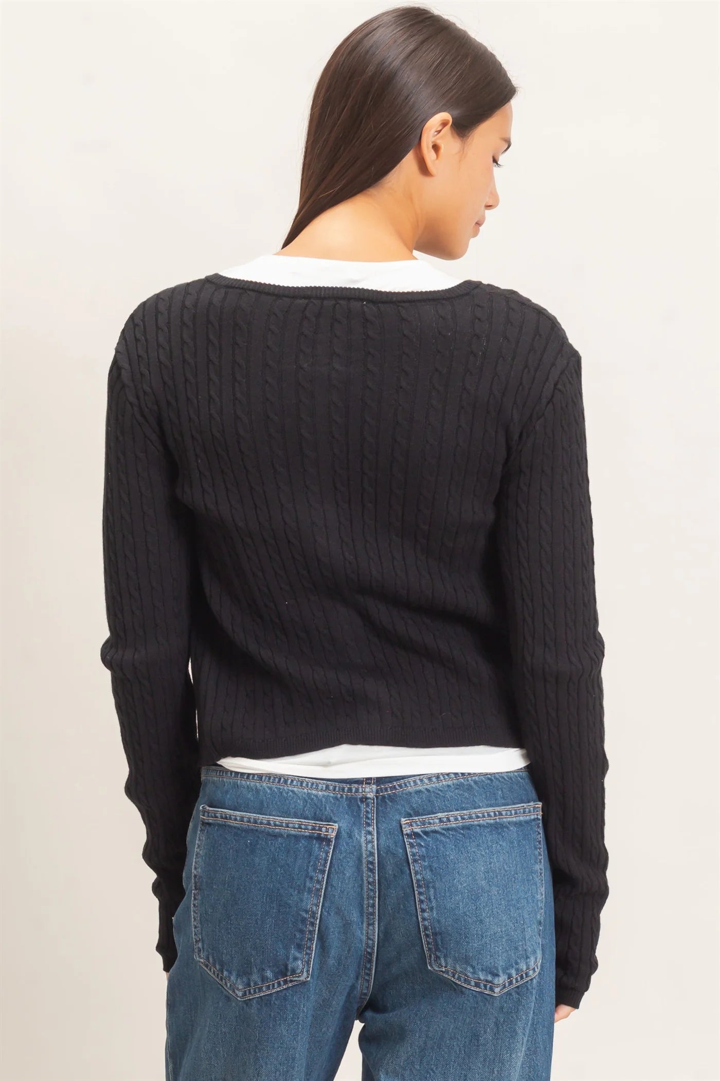 Cable Knit Cardigan by Double Zero | Button Front Fitted Sweater Cardigan