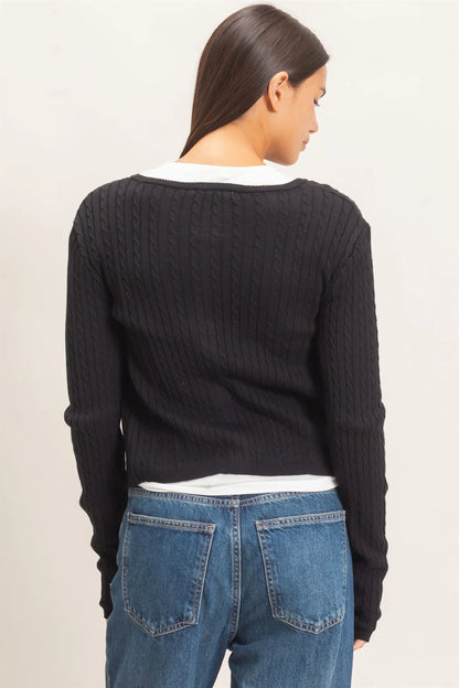 Cable Knit Cardigan by Double Zero | Button Front Fitted Sweater Cardigan