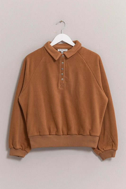 Soft fleece pullover with button placket and ribbed trim