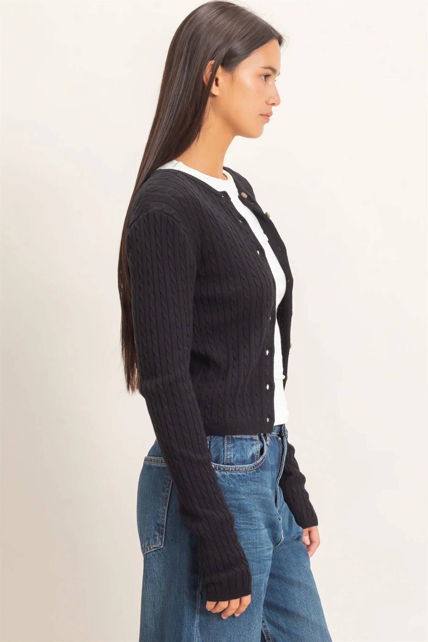 Cable Knit Cardigan by Double Zero | Button Front Fitted Sweater Cardigan