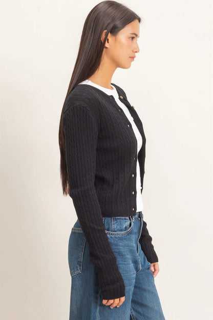 Cable Knit Cardigan by Double Zero | Button Front Fitted Sweater Cardigan