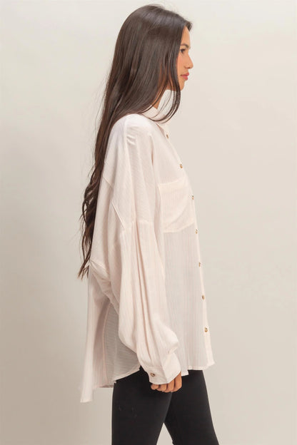 Pinstripe & Poise Oversized Striped Button-Up Shirt with Pockets