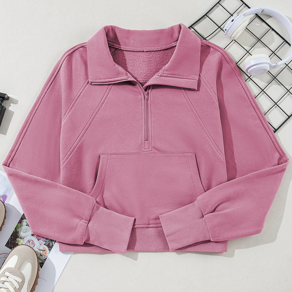 Rosewood pink women’s scuba quarter zip pullover with kangaroo pocket