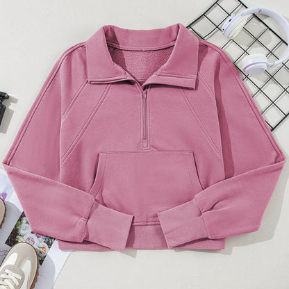Rosewood pink women’s scuba quarter zip pullover with kangaroo pocket