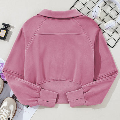 Rosewood pink women’s scuba quarter zip pullover with kangaroo pocket