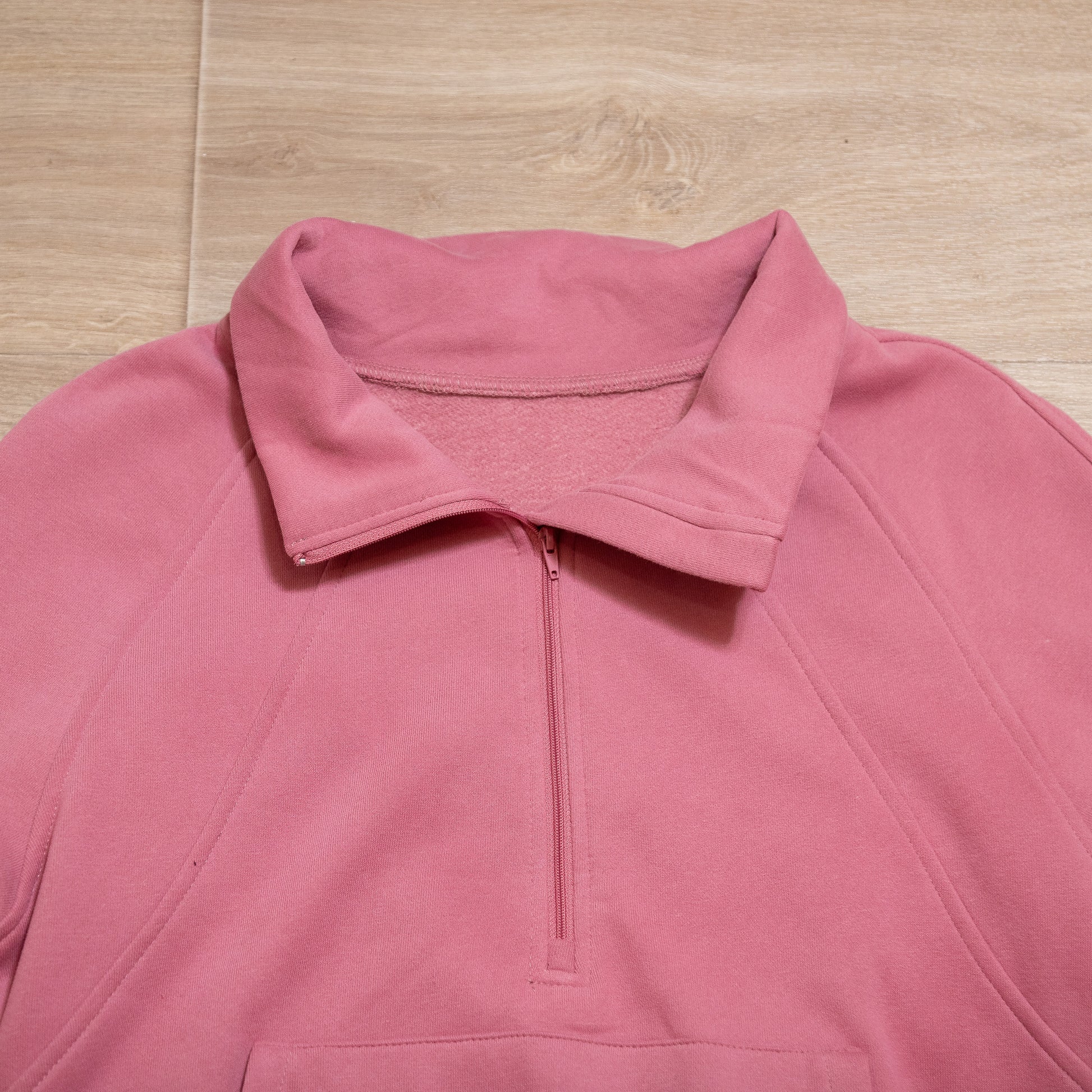Rosewood pink women’s scuba quarter zip pullover with kangaroo pocket