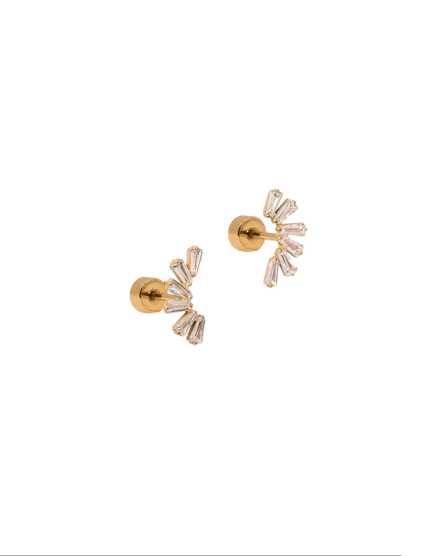 Linny Co. Delaney Gold Screwback Stud Earrings | Baguette CZ Fan Flat Back Earrings