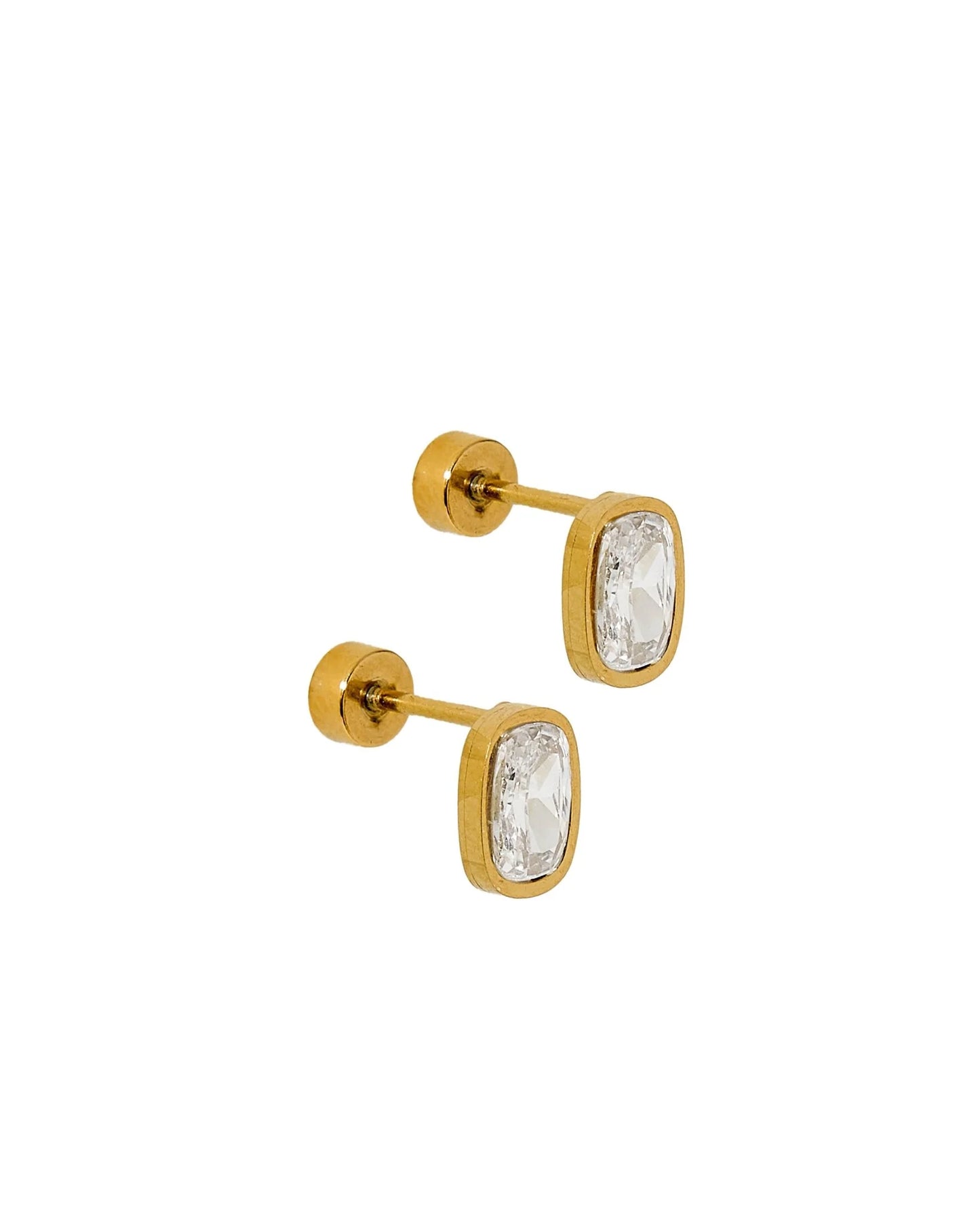 Linny Co. Kay Clear Gold Screwback Stud Earrings | 8mm x 5mm CZ Flat Back Earrings