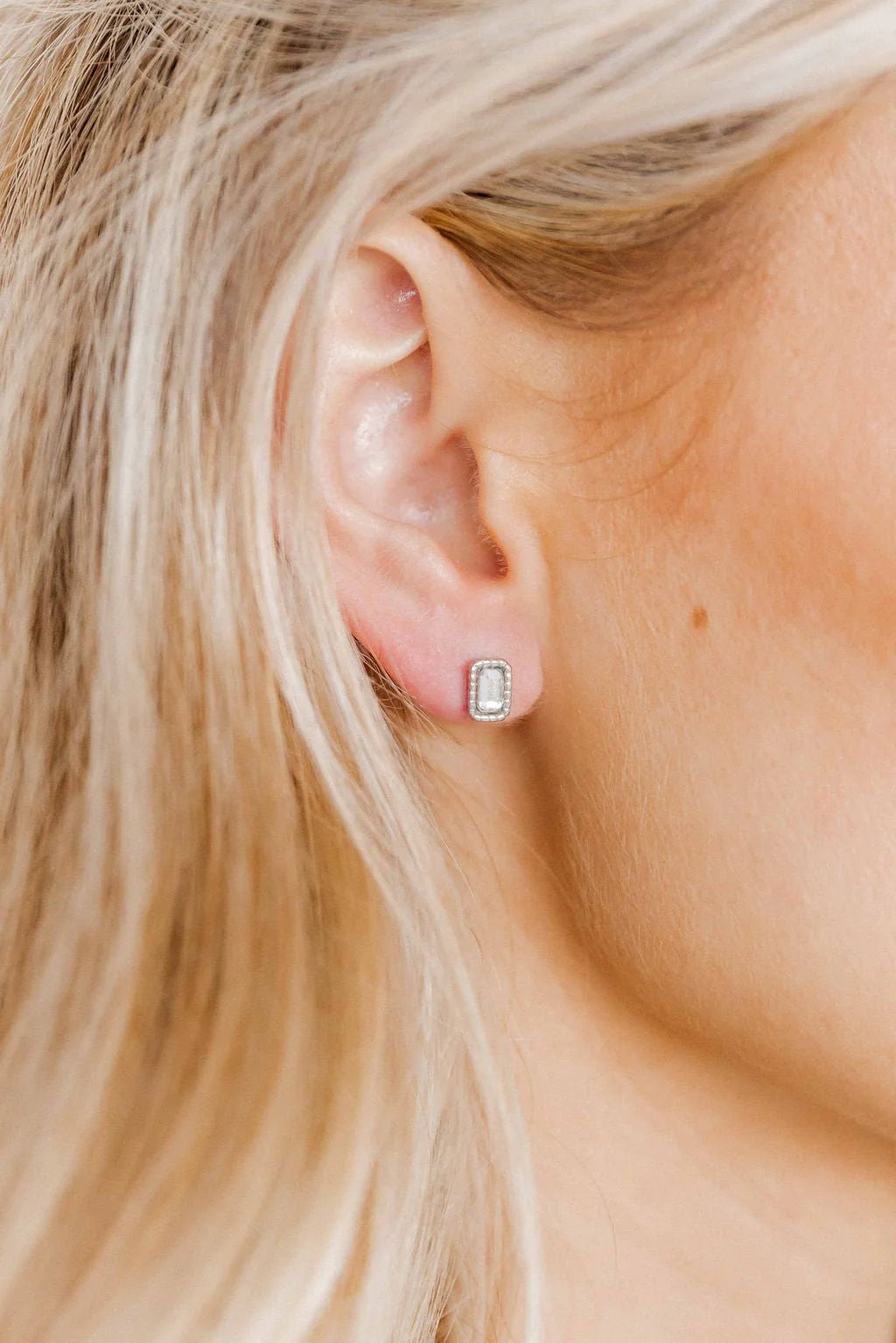 Linny Co. Madison Silver Clear Screwback Stud Earrings | 10mm Rectangular CZ Flat Back Earrings