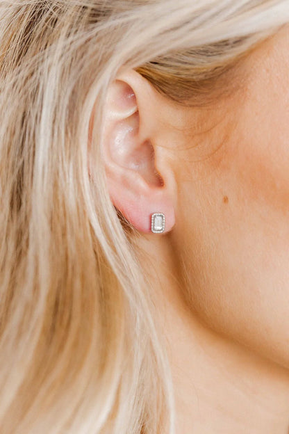 Linny Co. Madison Silver Clear Screwback Stud Earrings | 10mm Rectangular CZ Flat Back Earrings