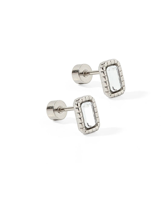 Linny Co. Madison Silver Clear Screwback Stud Earrings | 10mm Rectangular CZ Flat Back Earrings