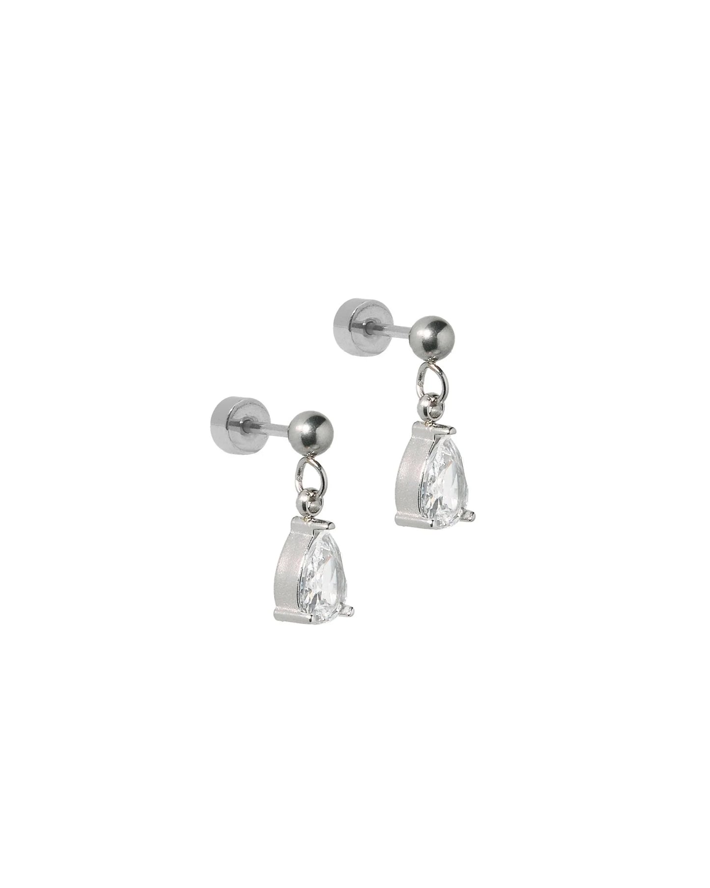 Linny Co. Millie Teardrop CZ Silver Screwback Stud Earrings | Hypoallergenic Flat Back Dangle Earrings