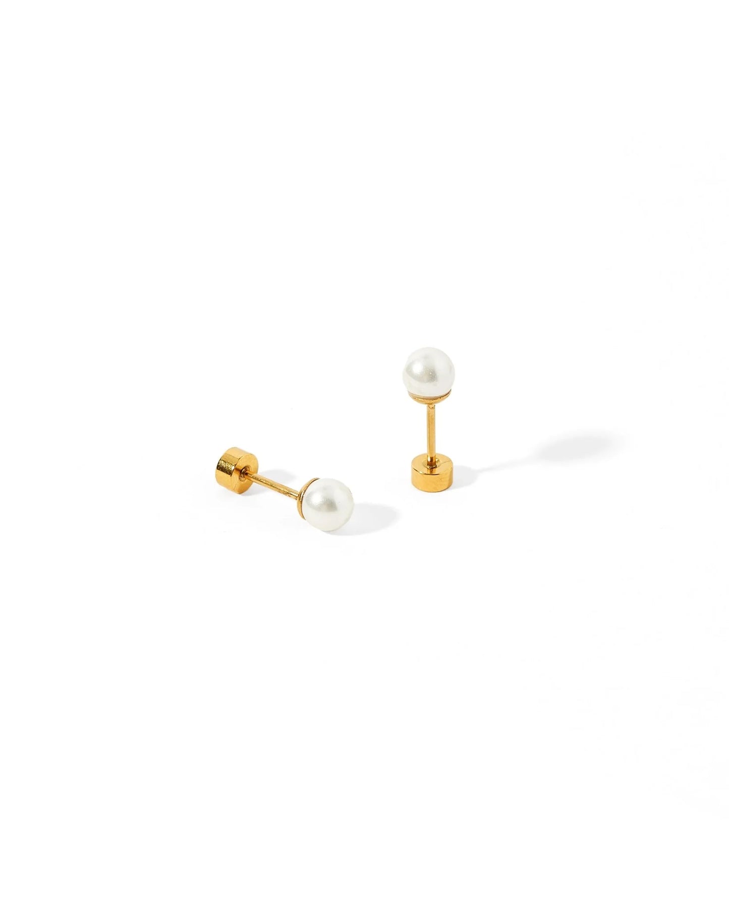 Linny Co. Payton Pearl White Screwback Stud Earrings | 5mm Hypoallergenic Flat Back Earrings