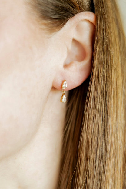 Linny Co. Vivian Screwback Stud Earrings | Gold Double Teardrop Crystal Flat Back Earrings