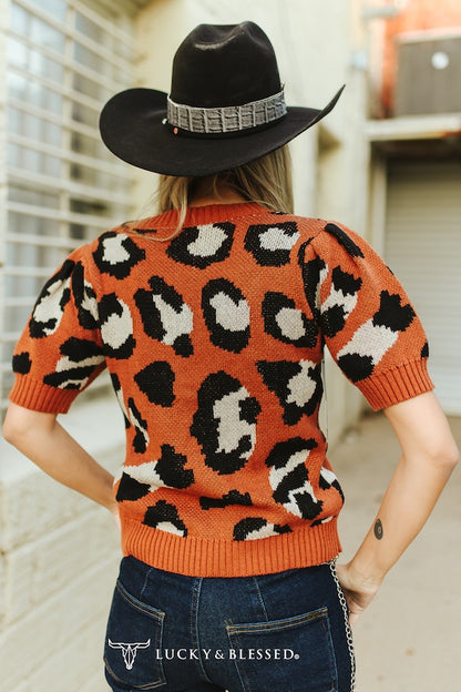 Wild at Heart Leopard Sweater | Lucky & Blessed Rust Animal Print Puff Sleeve Knit Top