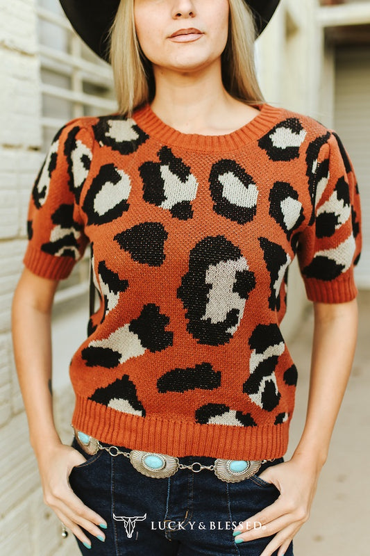 Wild at Heart Leopard Sweater | Lucky & Blessed Rust Animal Print Puff Sleeve Knit Top
