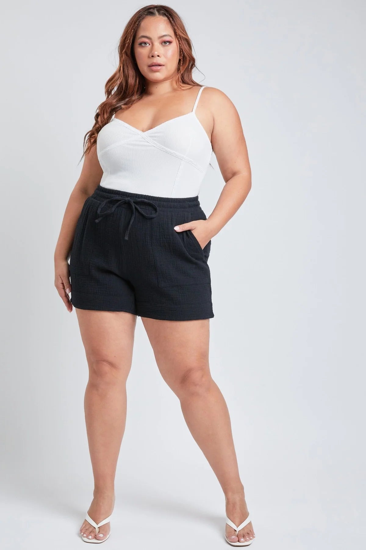 JUNIOR PLUS SIZE DOUBLE GAUZE SHORTS WITH BANDED HEM AND PORKCHOP POCKETS YMI