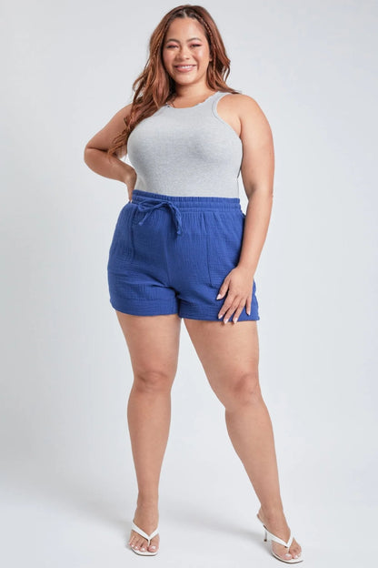 JUNIOR PLUS SIZE DOUBLE GAUZE SHORTS WITH BANDED HEM AND PORKCHOP POCKETS YMI